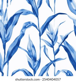 Cute blue leave seamless watercolor pattern on white background. Flower vector illustration. Watercolor print in rustic vintage style, textile or wallpapers.