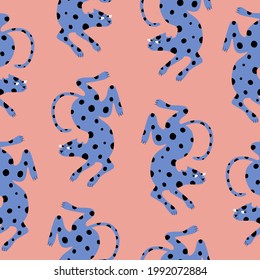 Cute blue leopard on a pink background. Wild spotted cat. Animal seamless pattern. 