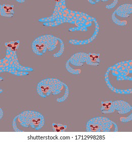Cute blue leopards vector seamless pattern for textile, decor, packaging.
