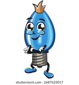 cute blue light bulb mascot cartoon character isolated vector illustration crowned like a king while folding his arms calmly, work of hand drawn