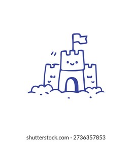 A cute blue line art drawing of a sandcastle with turrets and a flag on top, isolated on a white background.