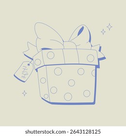 Cute blue line art of a gift box with a big ribbon bow and polka dots on a pastel background. Perfect for birthdays, celebrations, packaging, Valentine’s Day, or greeting cards.

