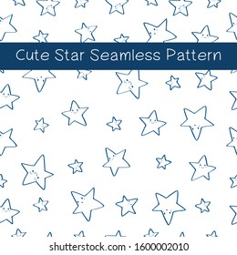 Cute blue line star seamless pattern on white background, vector design. Cute star with funny expressions. Pantone 2020 classic blue color.