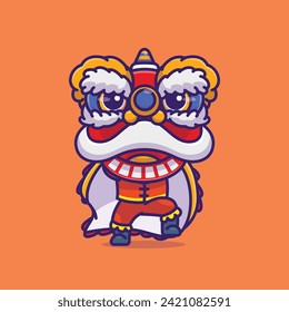 Cute blue lion dance cartoon vector illustration chinese lunar new year concept icon isolated