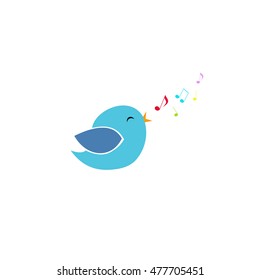 cute blue little bird sings with its beak and fly colorful notes, Vector illustration, bird  in minimalistic style