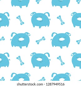 Cute blue little dog hand drawn children vector illustration. Baby graphic shower for kids t-shirt seamless pattern. Doggy with bones on white background. Cartoon animal for fabric textile print.