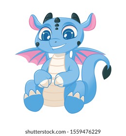 Cute Blue Little Dragon, Lovely Mythological Animal Character Vector Illustration