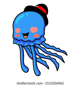 Cute blue little jellyfish cartoon with red heart eyes