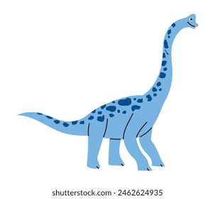 Cute blue long neck dinosaur, Brachiosaurus, hand drawn in flat design, childish style. Isolated on white background vector illustration