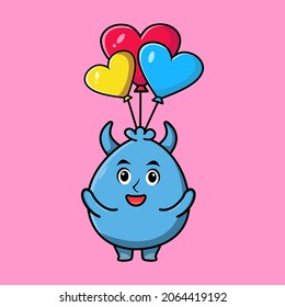 Cute blue magician goblin cartoon monster vector image with balloon on pink background cartoon icon illustration design isolated flat cartoon style