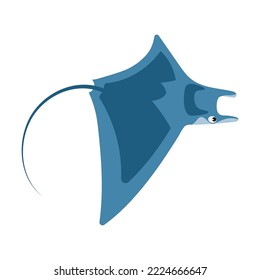 Cute blue marine stingray cartoon character vector illustration. Comic sea creatures, underwater animal isolated on white background. Wildlife