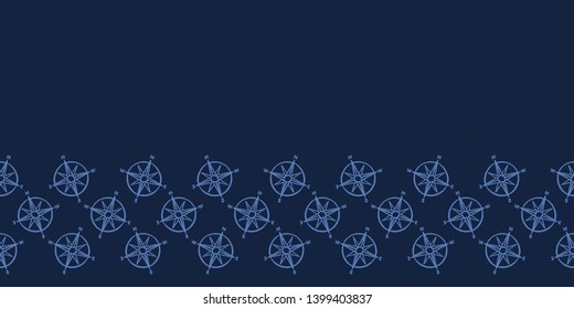 Cute blue maritime compass cartoon seamless vector border. Hand drawn cartography equipment tile. All over print for seafaring cartography blog, nautical graphic, sailing home decor.