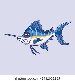 Cute blue marlin fish animal cartoon character vector Illustration.
