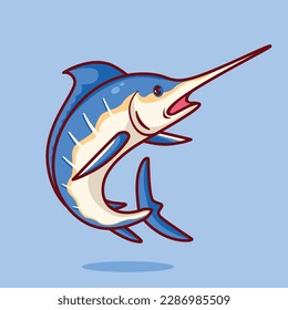 Cute blue marlin fish cartoon vector icon illustration