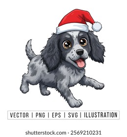 Cute Blue Merle Australian Shepherd Puppy in Santa Hat - Christmas Cartoon Vector Illustration