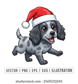 Cute Blue Merle Australian Shepherd Puppy in Santa Hat - Christmas Cartoon Vector Illustration