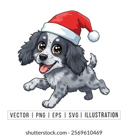 Cute Blue Merle Australian Shepherd Puppy in Santa Hat - Christmas Cartoon Vector Illustration