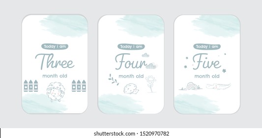 Cute Blue Milestone Baby Boy Cards. Hello World For New Born Baby With Watercolor Soft And Cute Animals Monochrome.