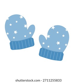 Guantes azules lindos con el patrón de la estrella. Dibujos animados del tema de la temporada de invierno