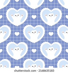 Cute blue monotone girly design white kitten seamless pattern, kawaii animals pastel colour wrapping paper digital print design