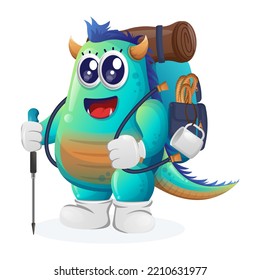Cute blue monster adventure trekking. Perfect for kids, small business or e-Commerce, merchandise and sticker, banner promotion, blog or vlog channel
