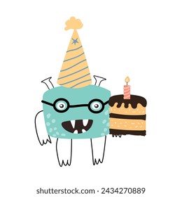 Cute blue monster baby character for anniversary card with cake. Vector illustration can used for banner, baby birthday background, greeting card, poster for interior. 