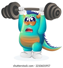 Cute blue monster bodybuilding with barbell flexing muscles. Perfect for kids, small business or e-Commerce, merchandise and sticker, banner promotion, blog or vlog channel
