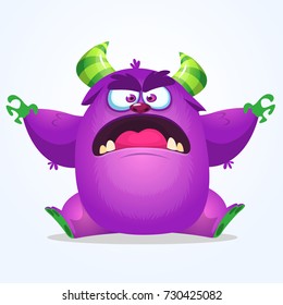 Cute blue monster cartoon with funny expression. Halloween vector illustration of fat furry troll or gremlin monster isolated