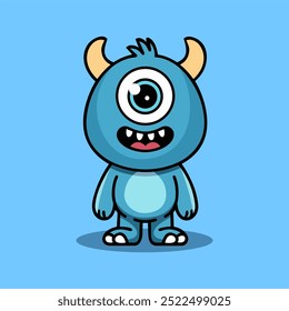 Cute Blue Monster Cartoon Illustration.