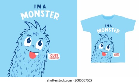 Cute blue monster cartoon tee design