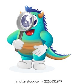Cute blue monster conducting research, holding a magnifying glass. Perfect for kids, small business or e-Commerce, merchandise and sticker, banner promotion, blog or vlog channel
