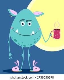 Cute blue monster drinking a cup of coffee or tea in the morning. Vector illustration.