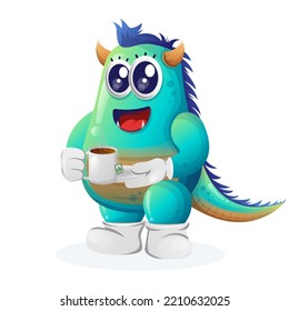 Cute Blue Monster Drinking Tea, Tea Time. Perfect For Kids, Small Business Or E-Commerce, Merchandise And Sticker, Banner Promotion, Blog Or Vlog Channel
