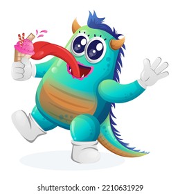 Cute blue monster eat ice cream. Perfect for kids, small business or e-Commerce, merchandise and sticker, banner promotion, blog or vlog channel
