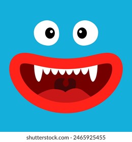 Cute blue monster face head banner. Happy Halloween. Square monsters. Spooky Smiling Boo screaming smiling face emotion. Eyes, tongue, teeth fang, mouse, lips. Flat design. Baby kids background Vector