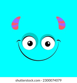 Cute blue monster face with horns and smile