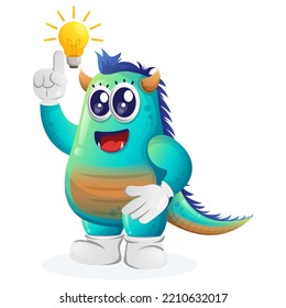 Cute blue monster got an idea, bulb idea, inspiration. Perfect for kids, small business or e-Commerce, merchandise and sticker, banner promotion, blog or vlog channel
