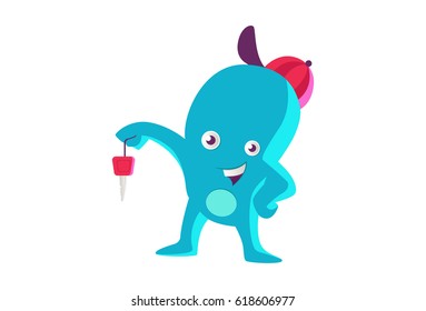 Cute Blue Monster holding  a key in hand. Vector Illustration. Isolated on white background.