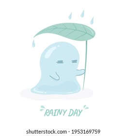 Un monstruo azul lindo sostiene el paraguas de la hoja y camina bajo la lluvia. Monstruo de gelatina, lodo. Ilustración vectorial Aislada sobre fondo blanco.