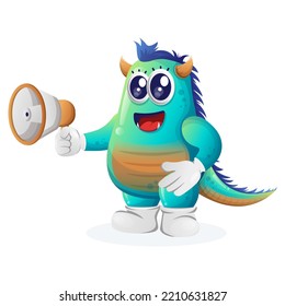 Cute blue monster holding megaphone. Perfect for kids, small business or e-Commerce, merchandise and sticker, banner promotion, blog or vlog channel
