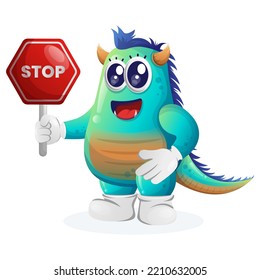Un monstruo azul lindo con la señal de parada, la señal de la calle, la señal de la calle. Perfecto para niños, pequeñas empresas o comercio electrónico, mercadería y pegatinas, promoción de banners, blog o canal de vlog
