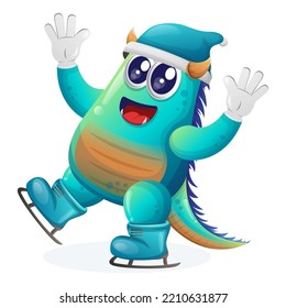 Cute blue monster ice skating. Perfect for kids, small business or e-Commerce, merchandise and sticker, banner promotion, blog or vlog channel
