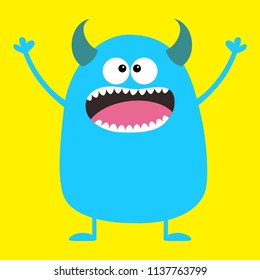 Cute blue monster icon. Happy Halloween. Cartoon colorful scary funny character. Eyes, tongue horns, holding hands up. Funny baby collection Yellow background Isolated Flat design. Vector illustration