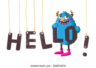 Cute blue monster keeps a word "hello". Vector illustration isolated on white background.