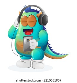 Cute blue monster listening music on a smartphone using a headphone. Perfect for kids, small business or e-Commerce, merchandise and sticker, banner promotion, blog or vlog channel
