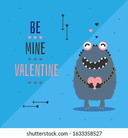 Cute blue monster with love be mine valentine