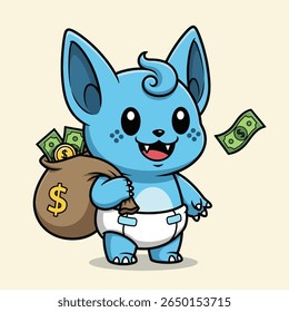Cute Blue Monster with Money Bag Cartoon Vector Illustration