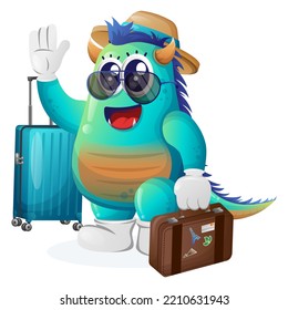 Cute blue monster on vacation carrying a suitcase. Perfect for kids, small business or e-Commerce, merchandise and sticker, banner promotion, blog or vlog channel
