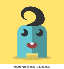 Cute blue monster with open mouth, one tooth, black hair and big eyes standing on yellow background. EPS 8 vector illustration, no transparency