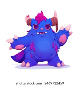 A cute blue monster with pink accents, big eyes, and a friendly expression. It has large paws with pink pads, small horns on its head, and tufts of hair in a contrasting magenta color.